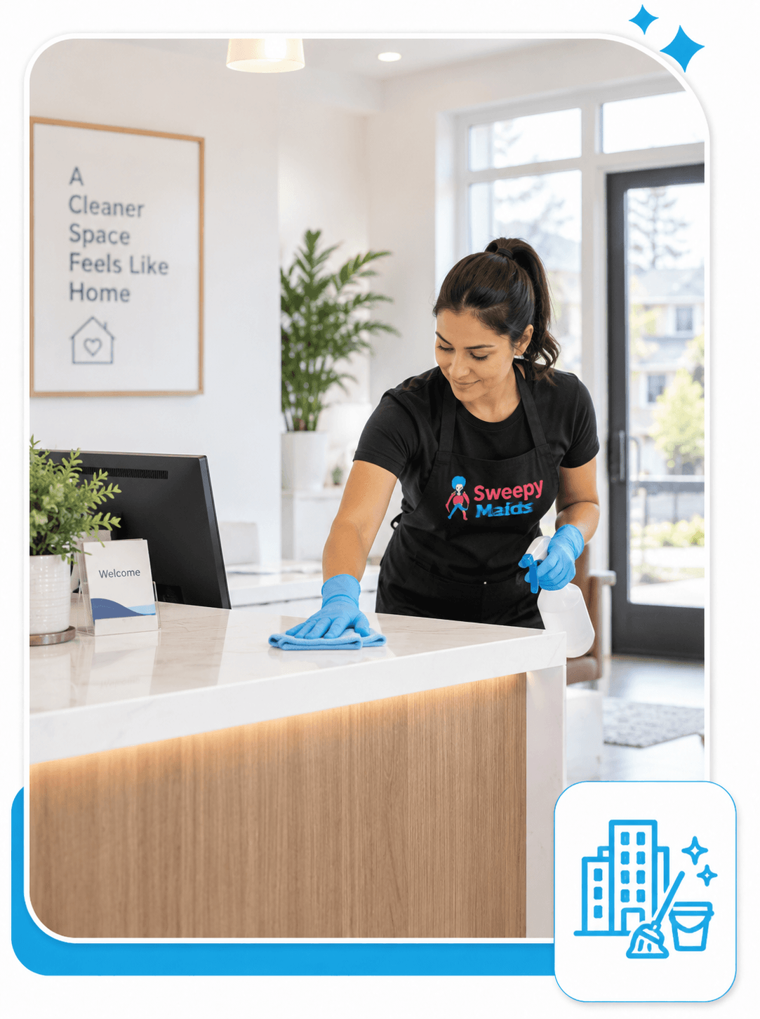 Sweepy Maids cleaner wiping down a reception desk in a Mississauga office