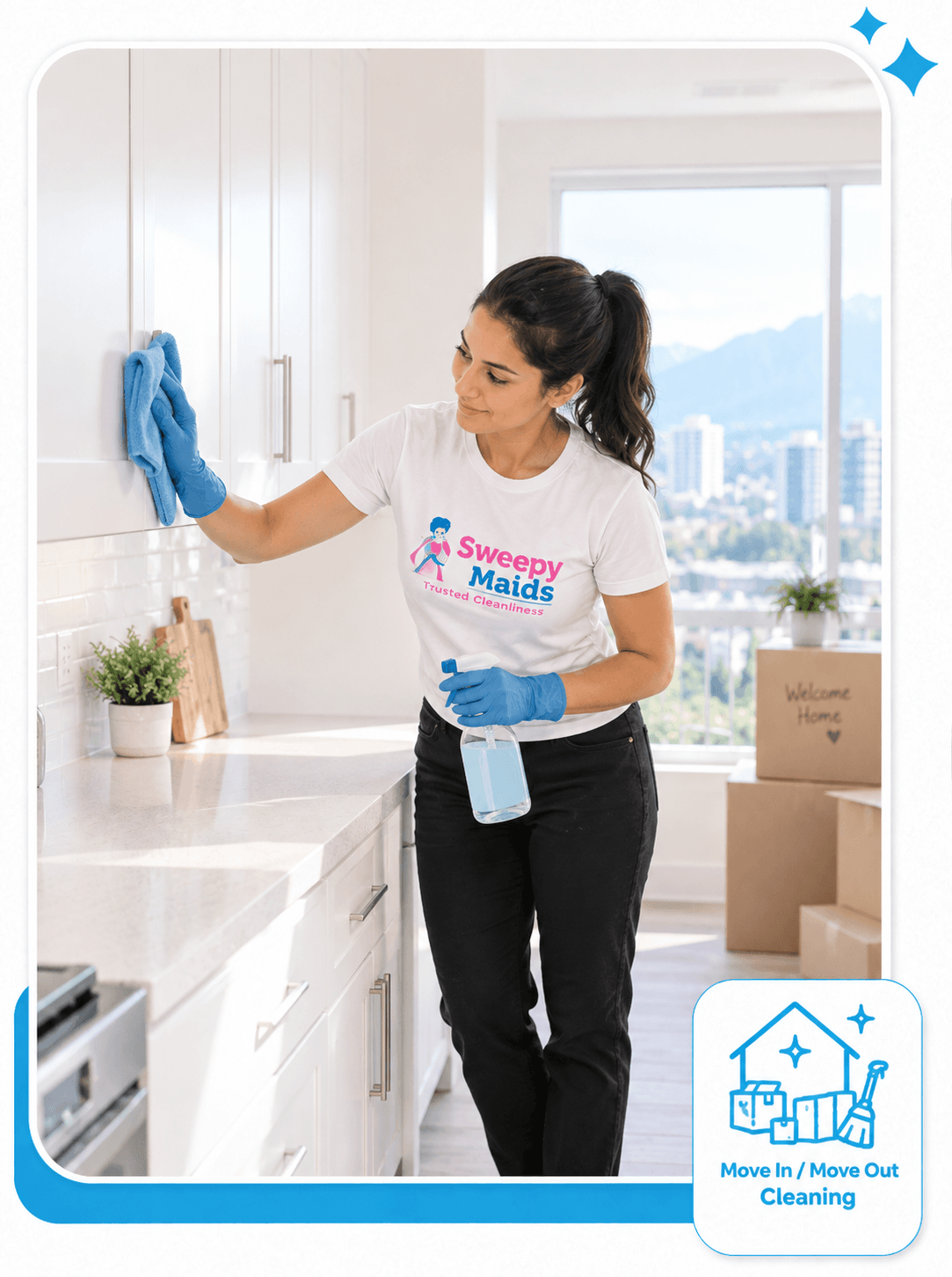Sweepy Maids cleaner wiping down kitchen cabinets during a move-in cleaning in Burnaby
