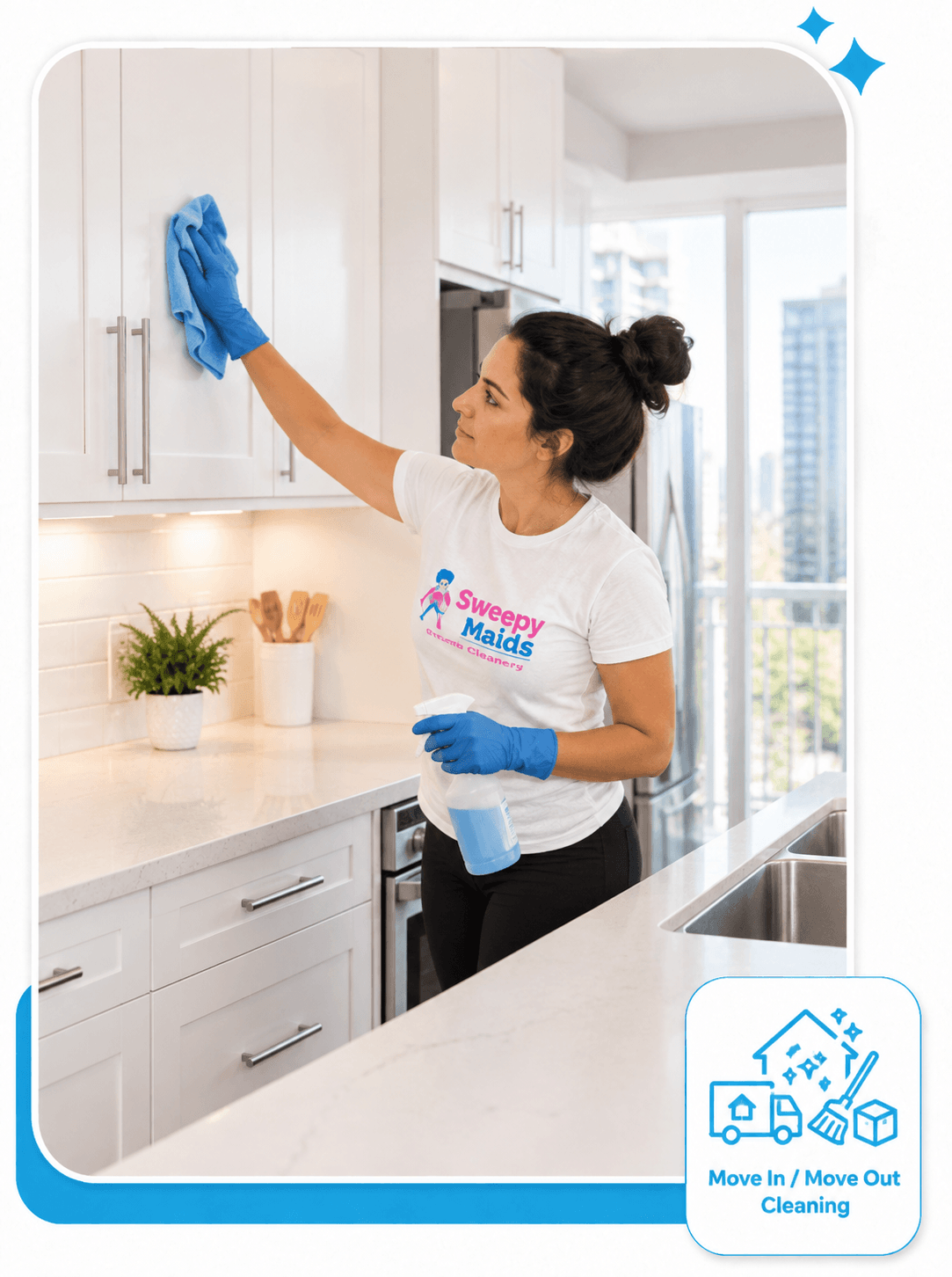 Sweepy Maids cleaner wiping down kitchen cabinets during a move-in cleaning in Mississauga