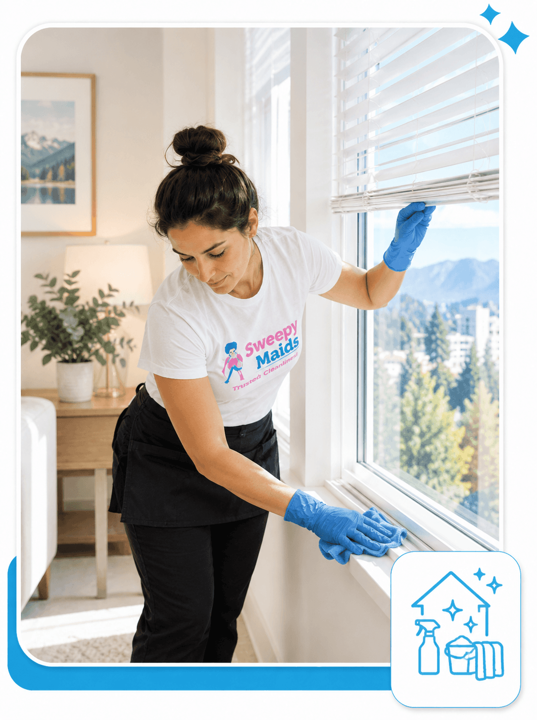 Sweepy Maids cleaner wiping down window tracks and blinds during a deep clean in Burnaby
