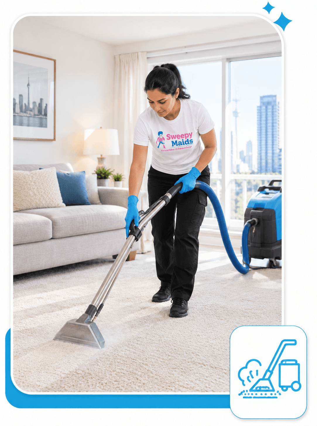 Sweepy Maids technician steam cleaning a carpet in a Mississauga living room